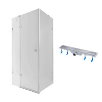 Набір Qtap душова кабіна Capricorn CRM1018RC6 100х80, скло Clear 6 мм + трап лінійний Dry FB304-600 з сухим закривом та нержавіючою решіткою 600х73 мм, фото